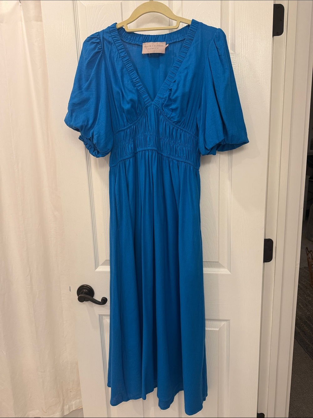 White Closet Elements Bright Blue V-Neck Maxi Dress with Puff Sleeves Sz Small